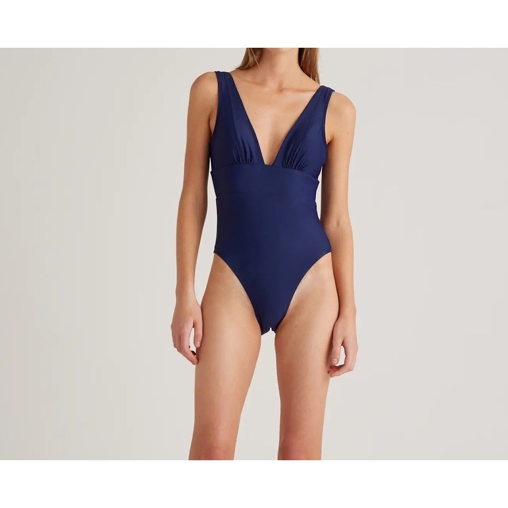 NWT Quince Navy Blue Italian Plunge One-Piece Swimsuit‎ Size XL